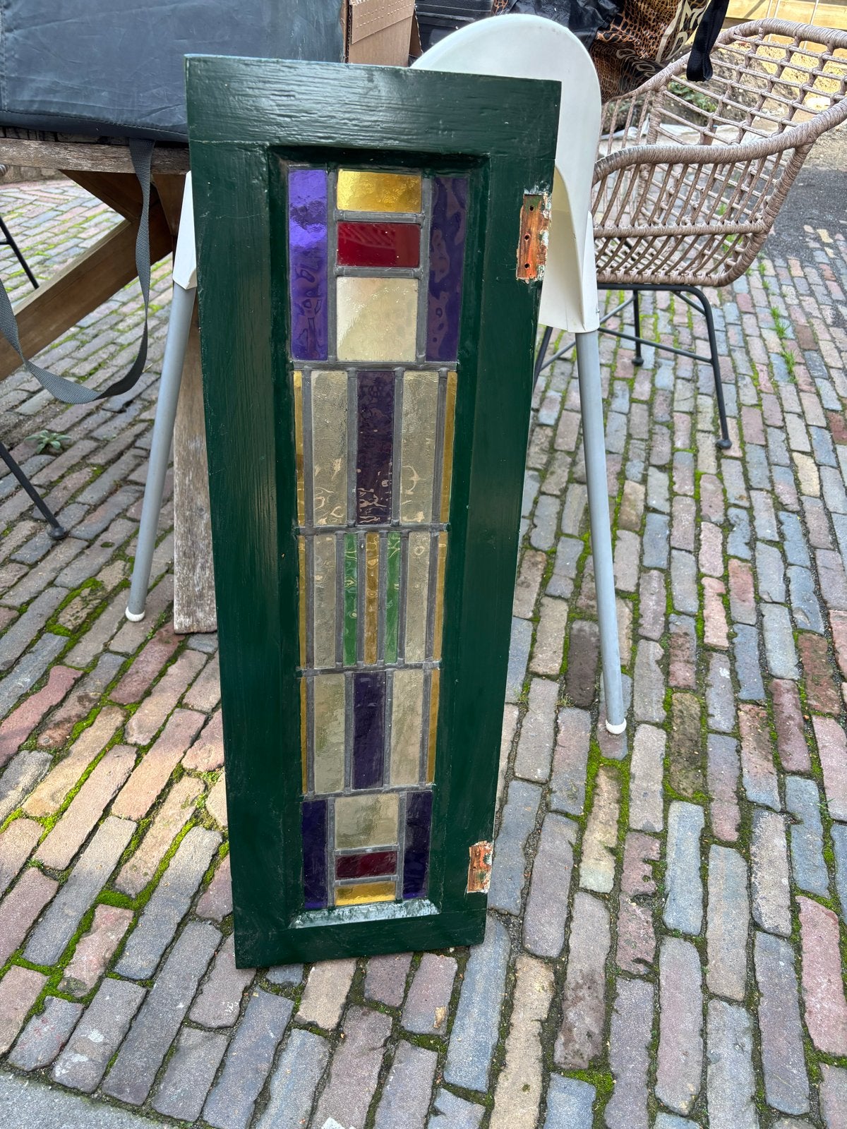 Uniek Glas-in-lood paneel - Groen frame, diverse kleuren, Ophalen, Gevelraam of Ruit, Gebruikt, Minder dan 80 cm