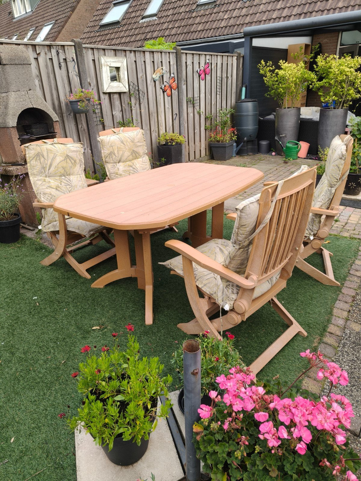 Tuintafel met 4 stoelen, Tuin en Terras, Ophalen, Gebruikt, Kunststof