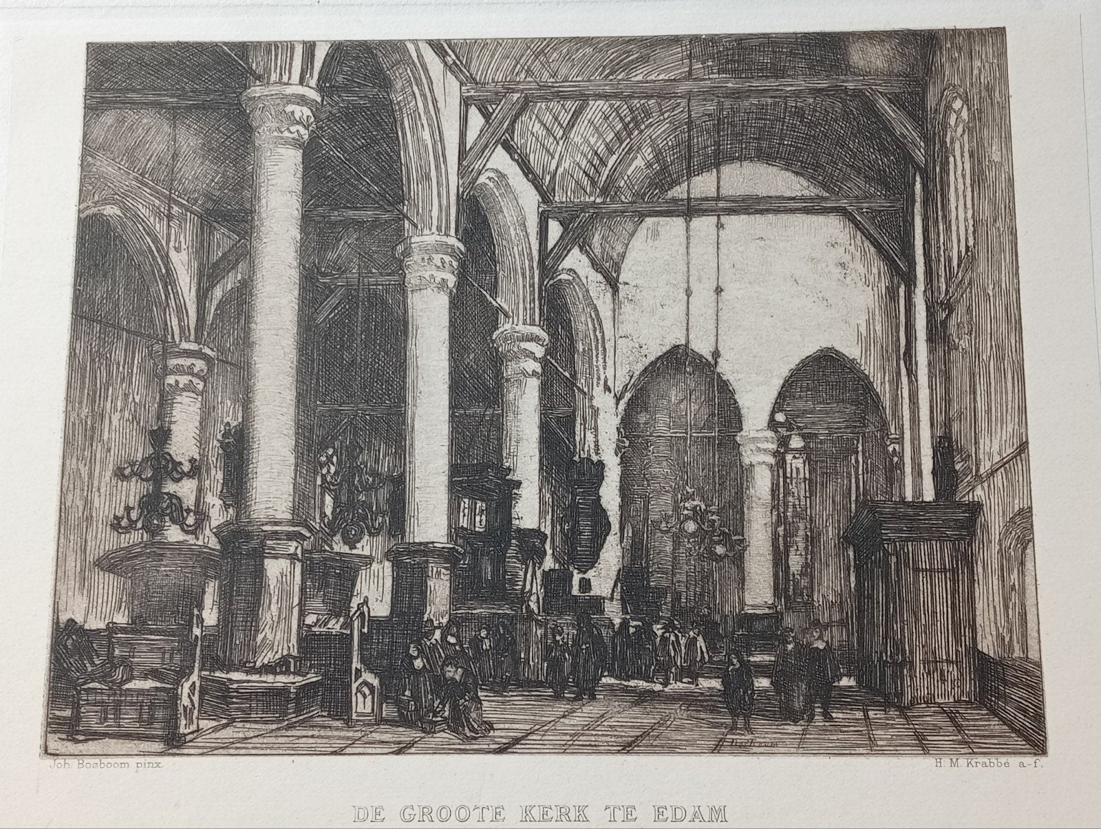Johannes Bosboom - Ets 'De Groote Kerk te Edam' (19e eeuw), 1800 - 1899, Architectuur, Origineel, Verzenden