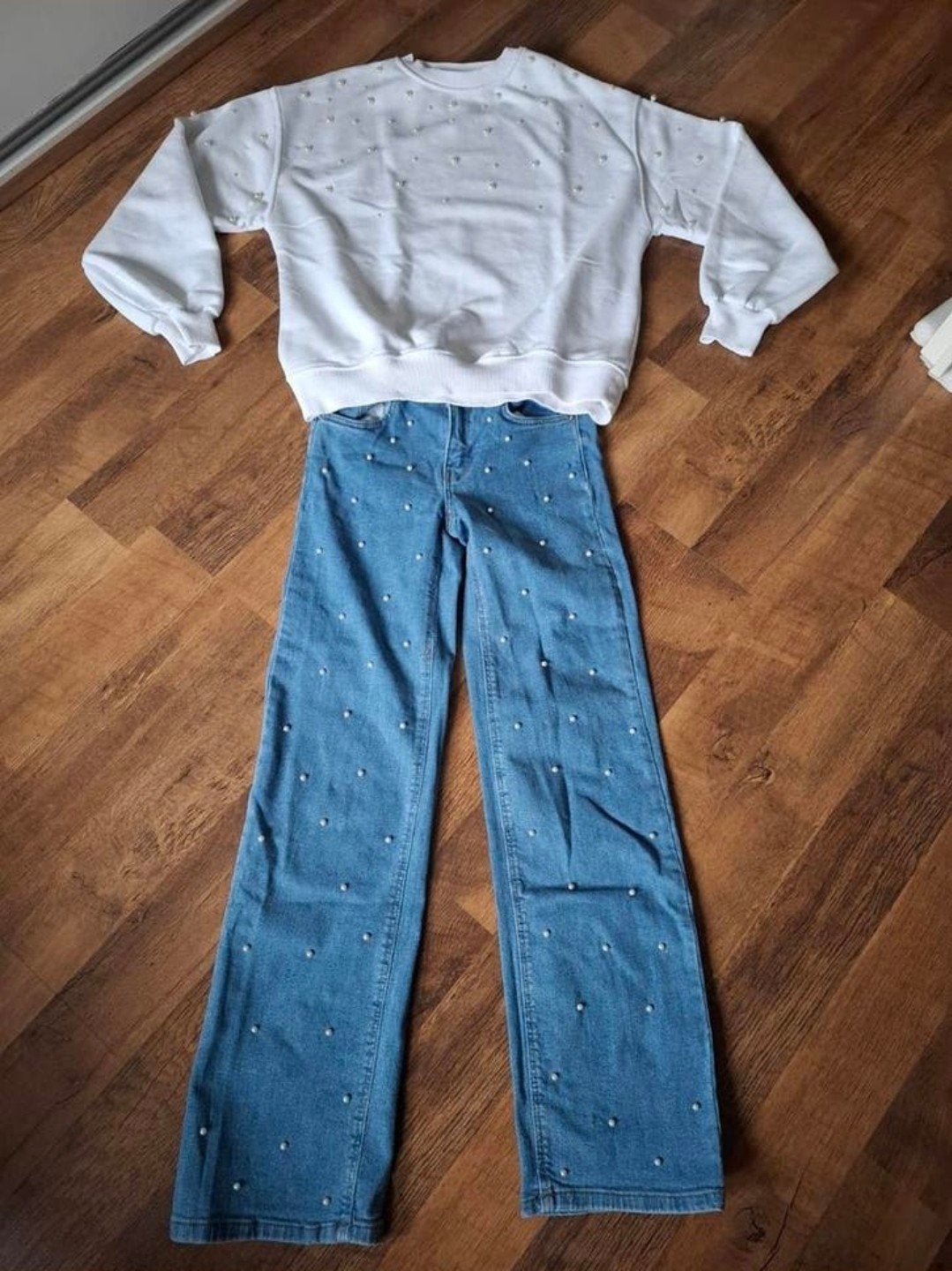 Jeans +trui *146/152*, Ophalen of Verzenden, Zo goed als nieuw, Meisje, Trui of Vest