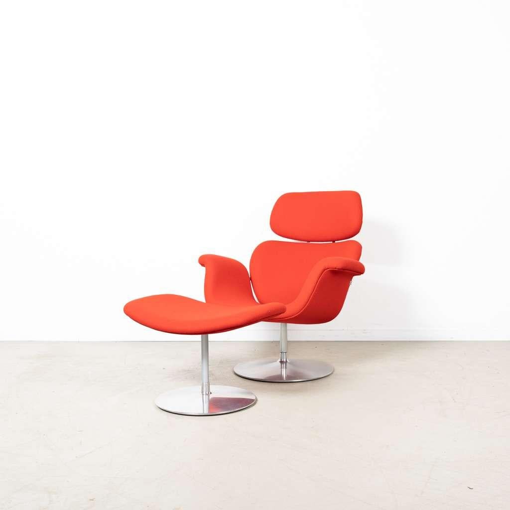 1x Artifort Big Tulip Fauteuil Rood Stof + Hocker, Niet ingevuld, Niet ingevuld, 75 tot 100 cm, Zo goed als nieuw