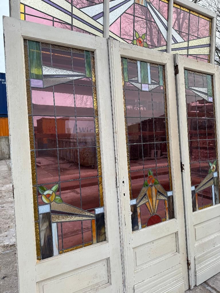 Openslaande deur met zijpanelen en bovenlicht glas in lood., Antiek en Kunst, Curiosa en Brocante, Ophalen