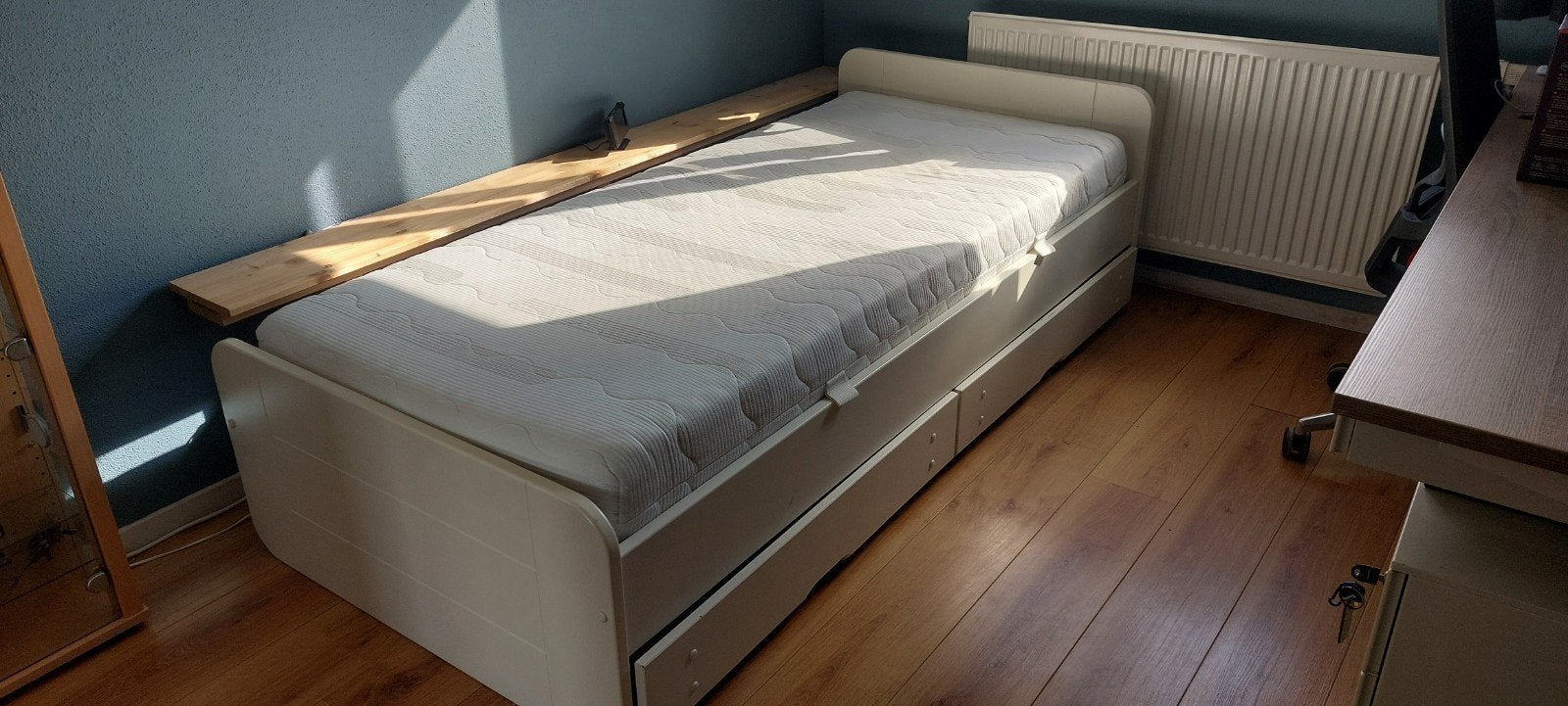 Eenpersoonsbed met 2 laden, verstelbare beddenboden, matras, Ophalen, 90 cm, Eenpersoons, Wit
