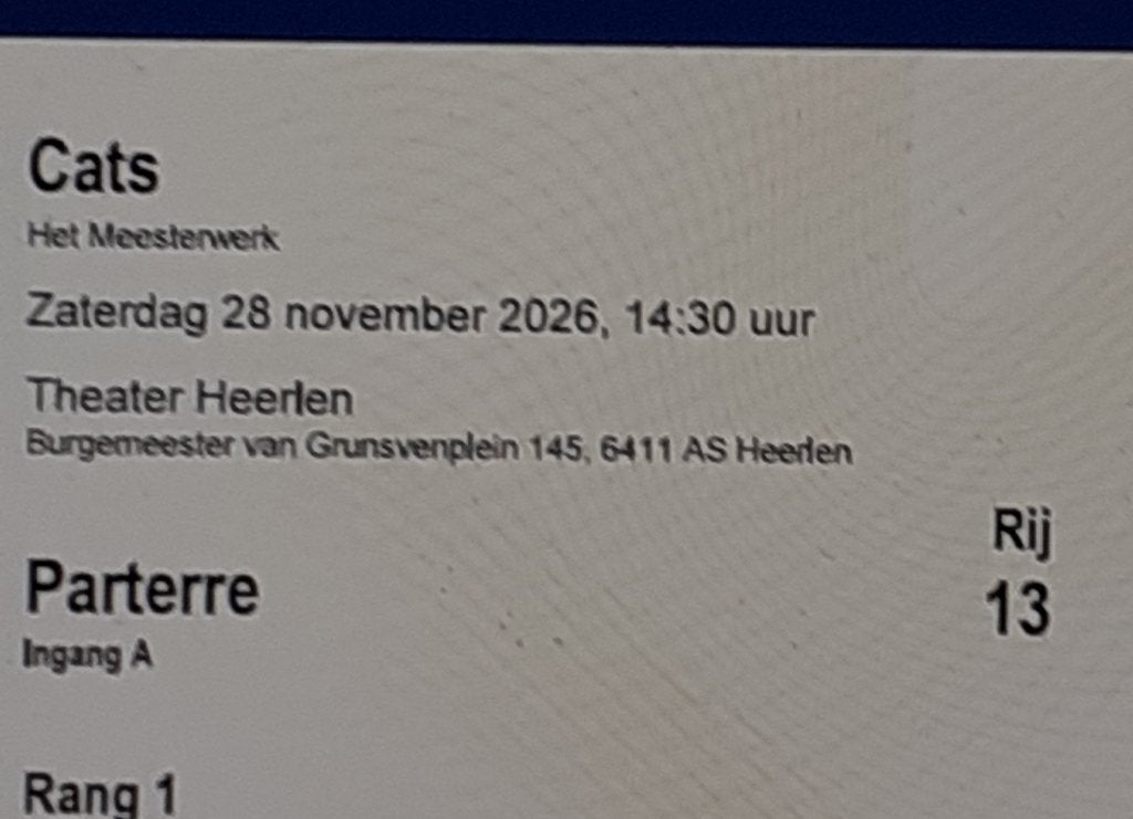 Musical Cats 2 of 4 tickets zaterdag 28 nov 14.30 u Heerlen, Tickets en Kaartjes, Drie personen of meer, November