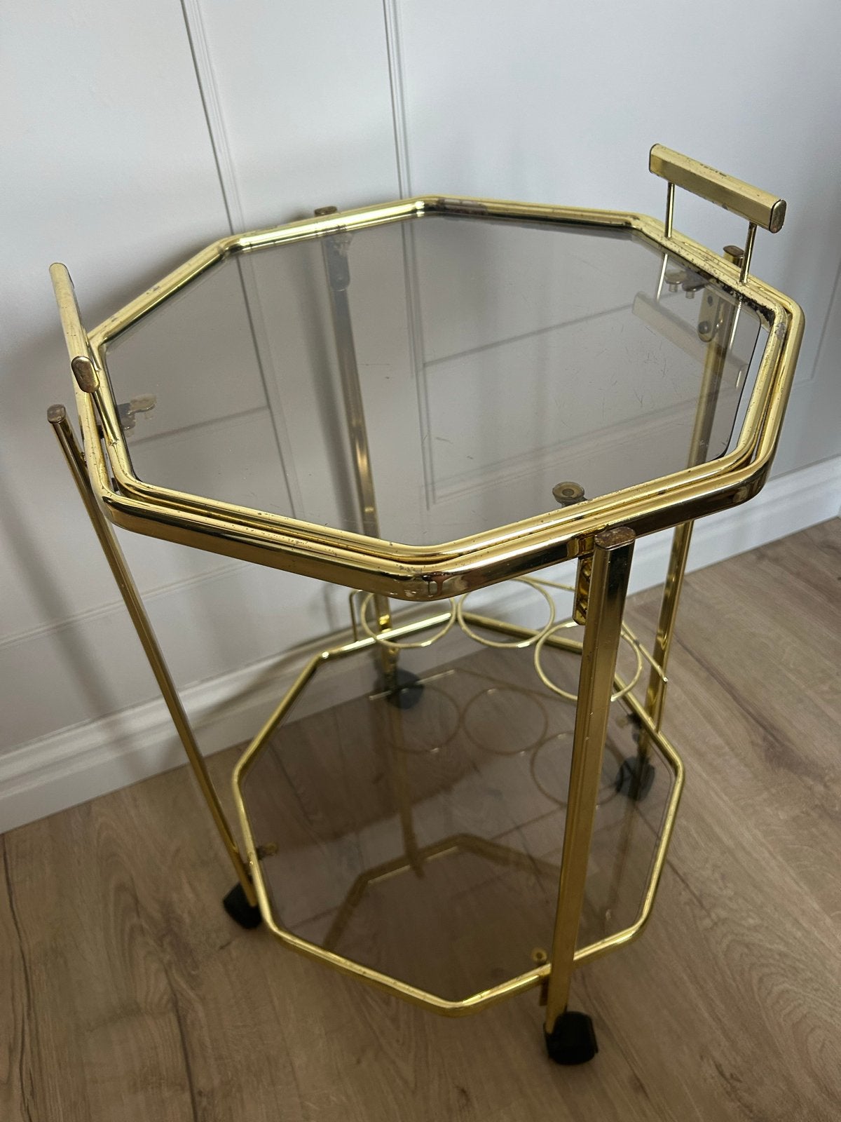 Vintage gouden serveerwagen met glazen platen, Antiek en Kunst, Ophalen