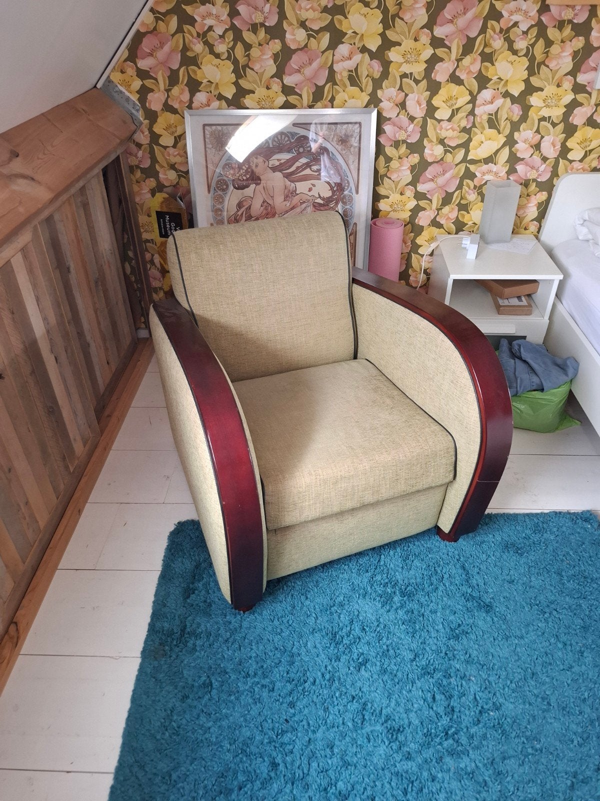Art Deco fauteuil stof met houten arnleuningen, Ophalen, Gebruikt, 75 tot 100 cm, Stof