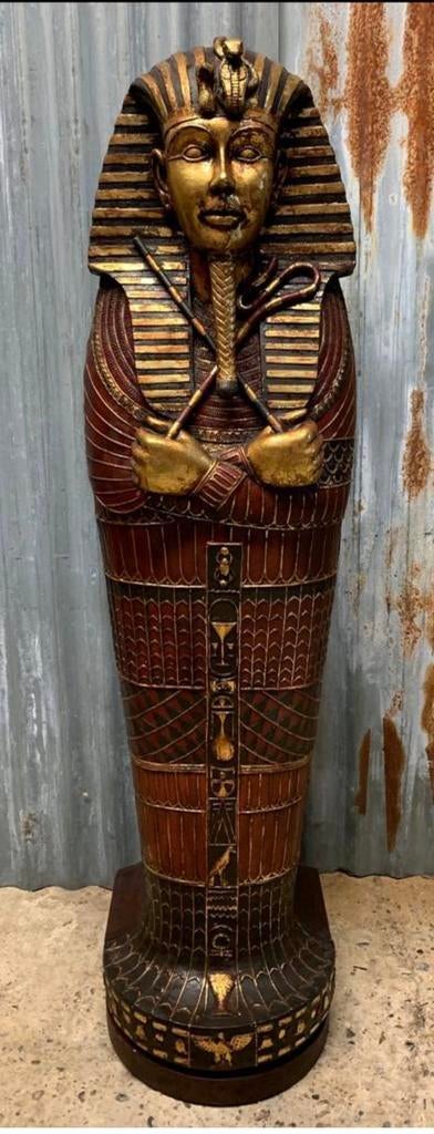 Egyptische houten Sarcofaag “De Mummie” – Bladgoud,  195cm, Antiek en Kunst, Ophalen