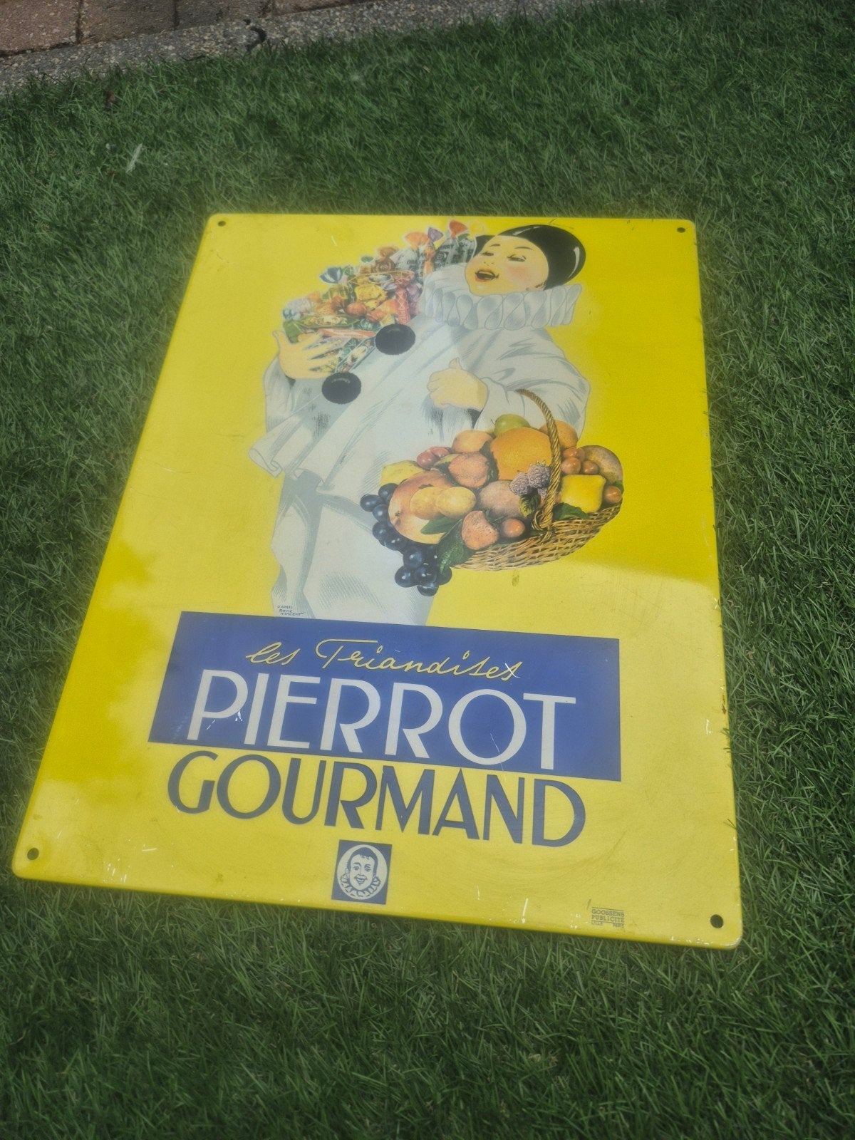 Vintage Pierrot Gourmand Emaille Reclamebord - Blik, Verzamelen, Blikken, Ophalen of Verzenden, Gebruikt, Overige, Overige merken