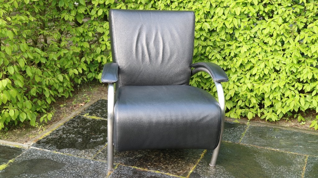 Molinari Accademia zwart leren fauteuil., Ophalen, Zo goed als nieuw, Design fauteuil, 50 tot 75 cm