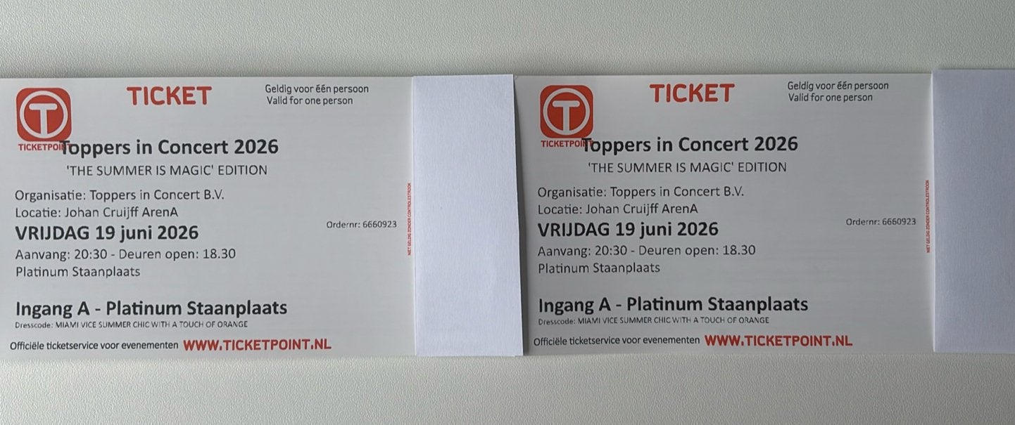 Vrijdag 19 juni 2026 2 tickets TOPPERS IN CONCERT +vervoer!, Ophalen of Verzenden, Zo goed als nieuw