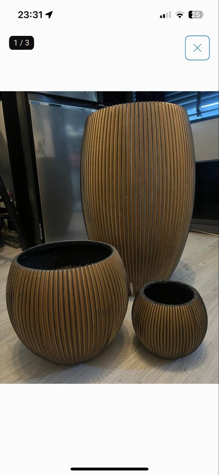 Set van capi 3 geribbelde goudkleurig plantenbakken, Ophalen, Overige materialen, Gebruikt, 40 cm of meer