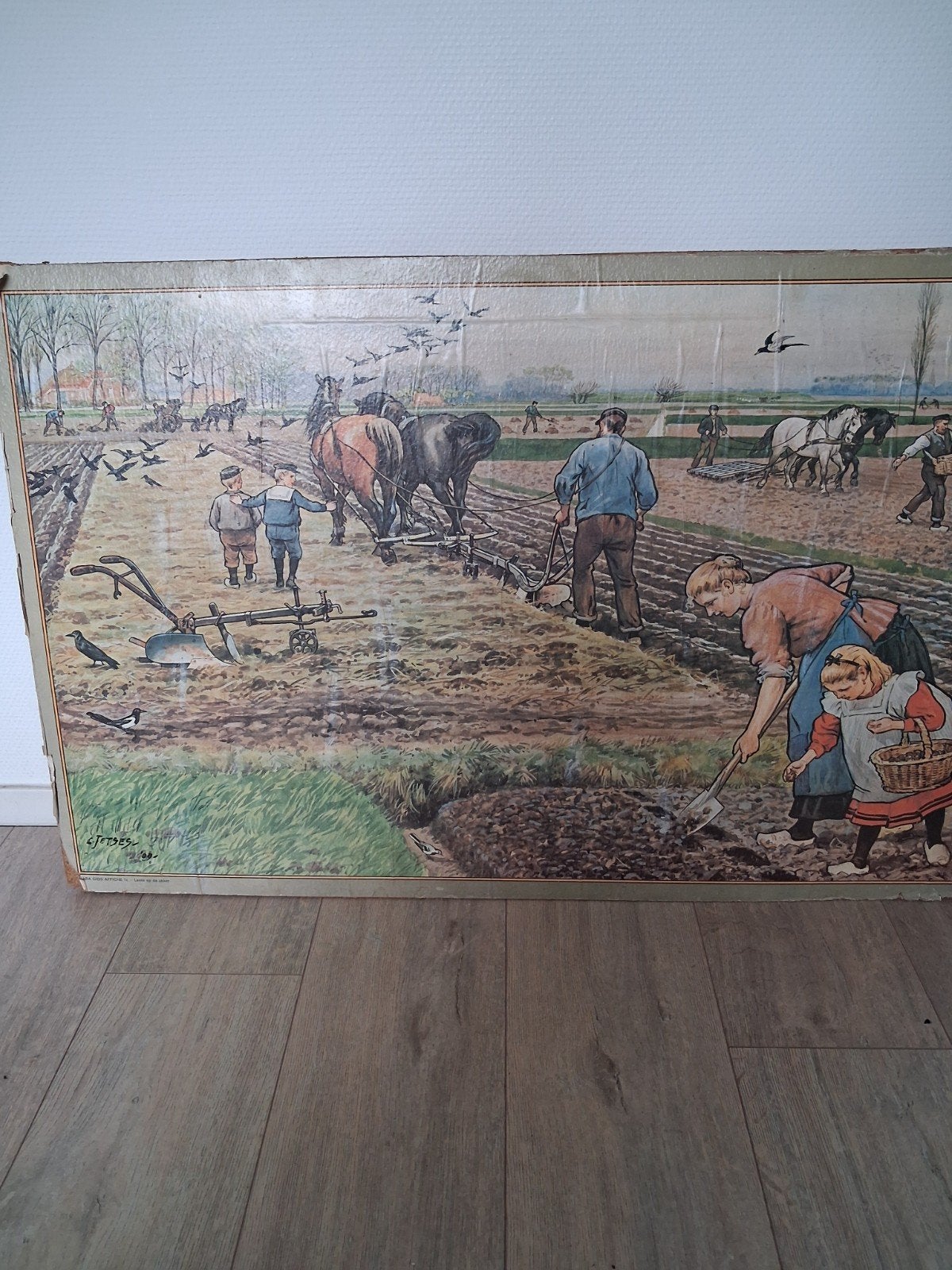 Vintage schoolplaat 'Lente op de Akker' - 62.5x95 cm, Antiek en Kunst, Antiek | Schoolplaten, Ophalen