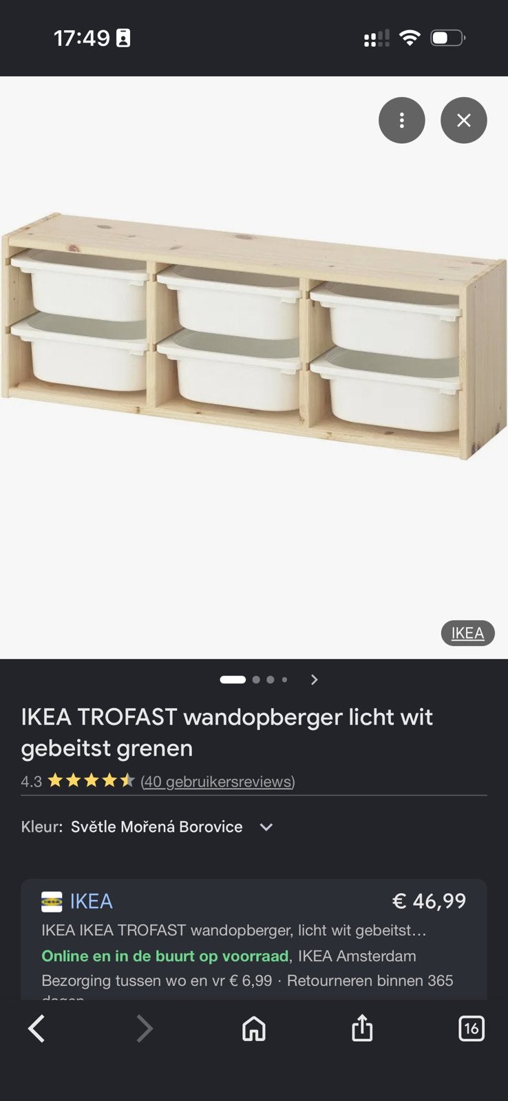 IKEA TROFAST wandopberger – licht hout met 4 witte bakken, Ophalen, Zo goed als nieuw