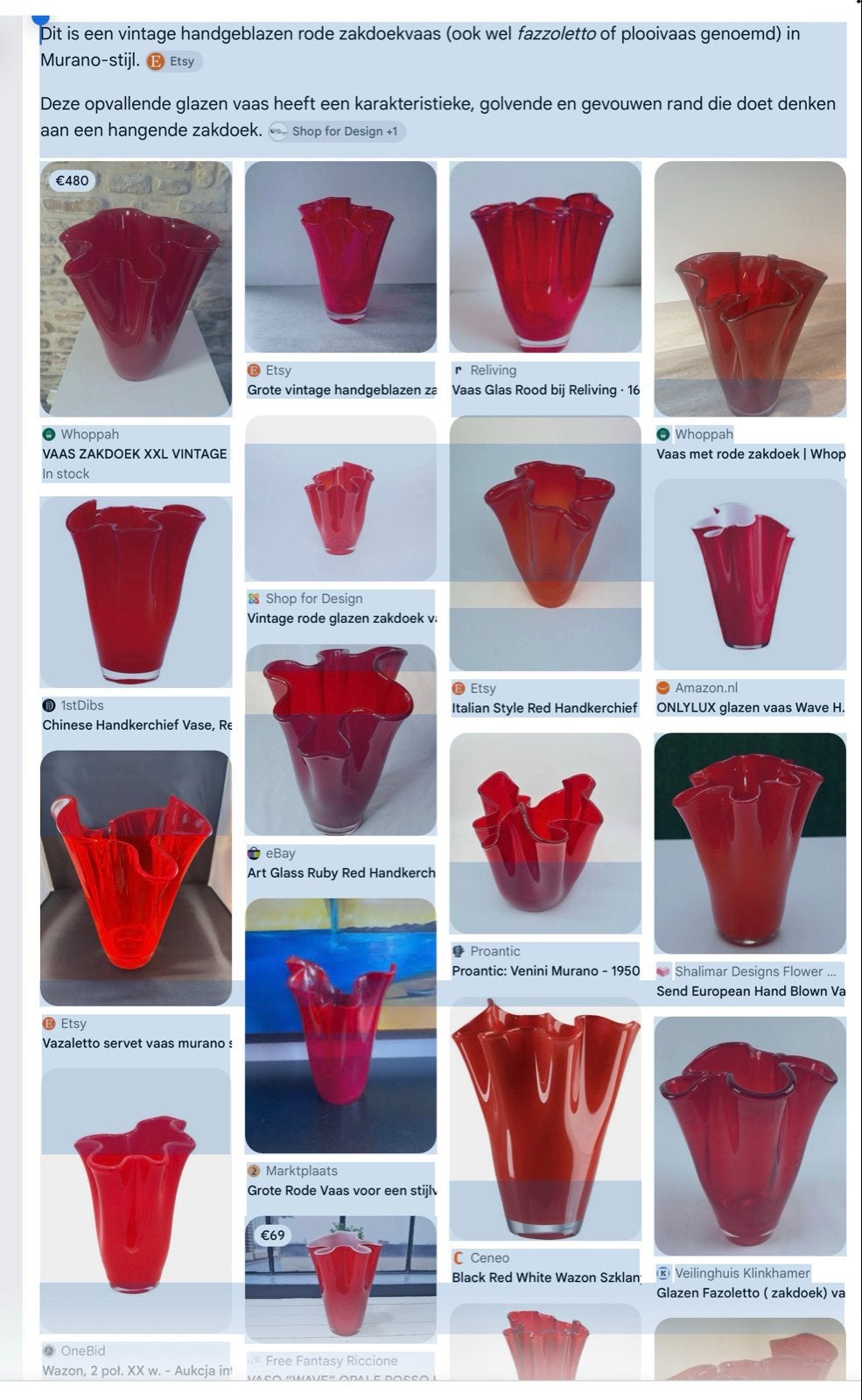 Vintage Murano-stijl Rode Zakdoekvaas (Fazzoletto), Ophalen of Verzenden