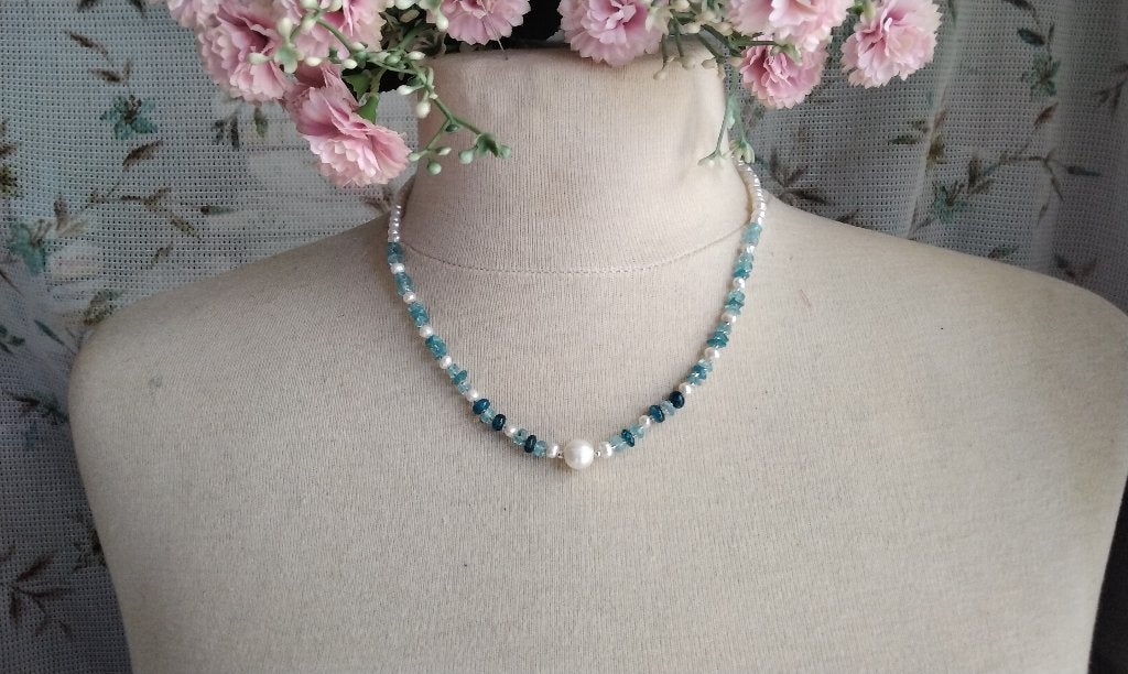 Prachtige Ketting Apatiet en Echte Parels UNIEK ZELDZAAM, Sieraden, Tassen en Uiterlijk, Kettingen, Blauw, Nieuw, Ophalen of Verzenden