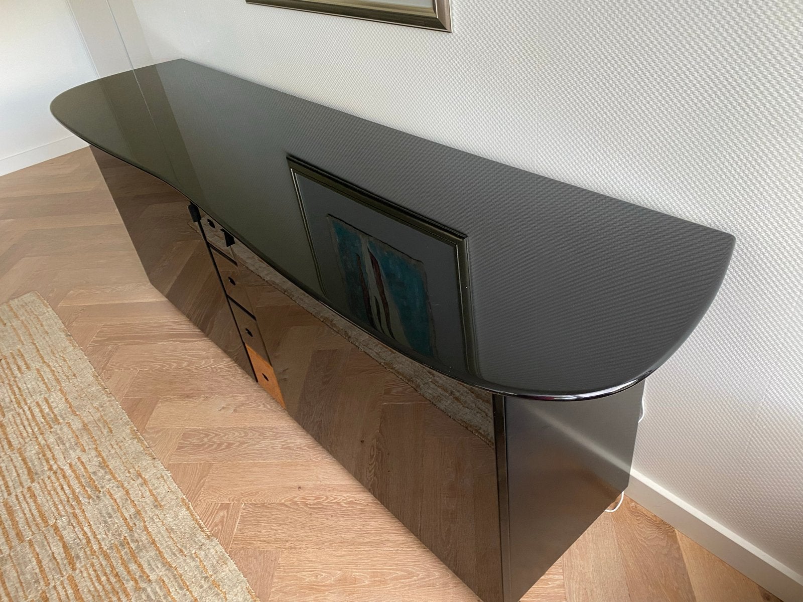 Modern zwart hoogglans dressoir/tv-kast met schuifdeuren, Ophalen, Overige materialen, Gebruikt, 200 cm of meer