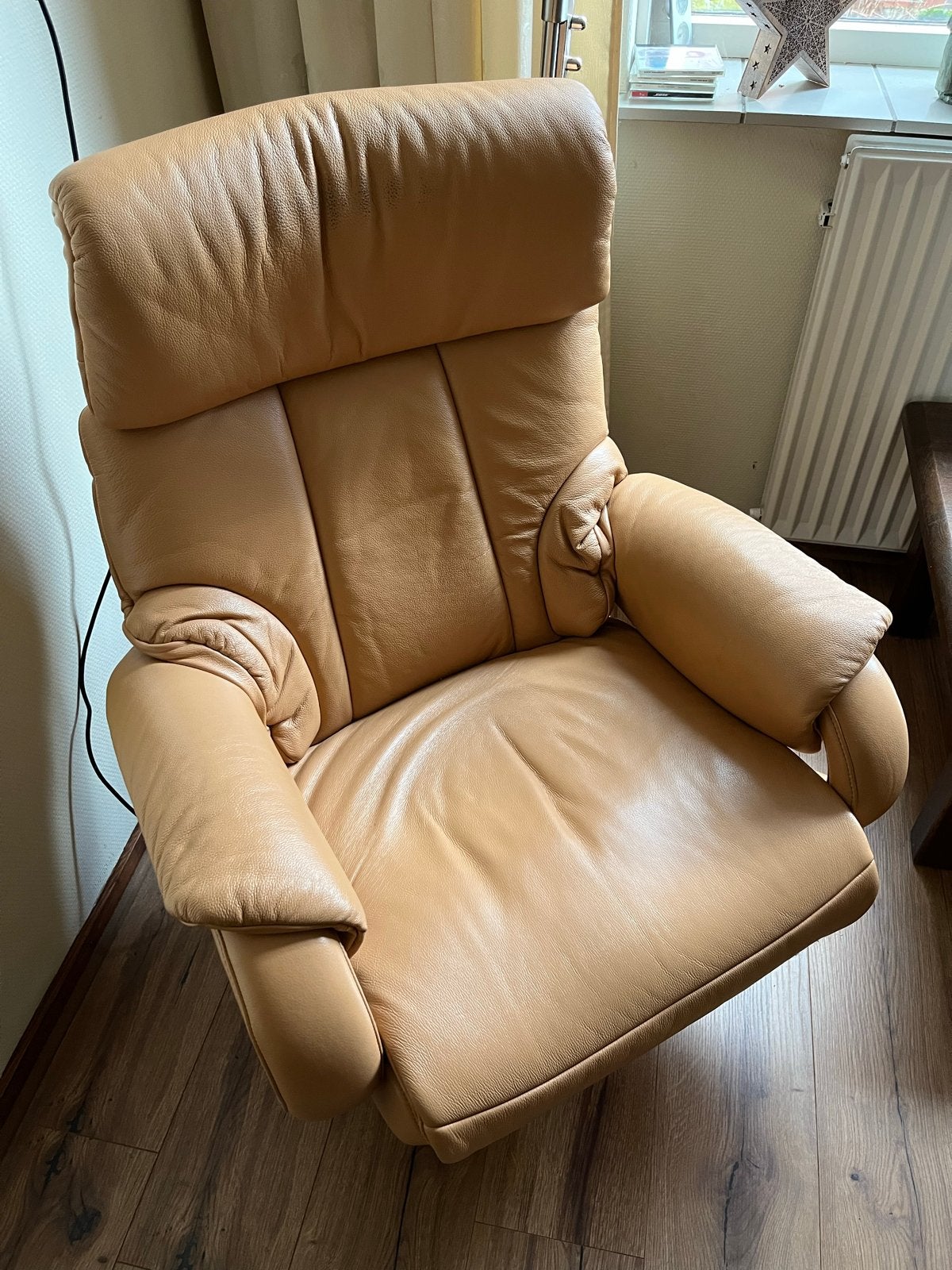 Elastoform relaxfauteuil - Beige leer, Ophalen, Gebruikt, Leer, 75 tot 100 cm