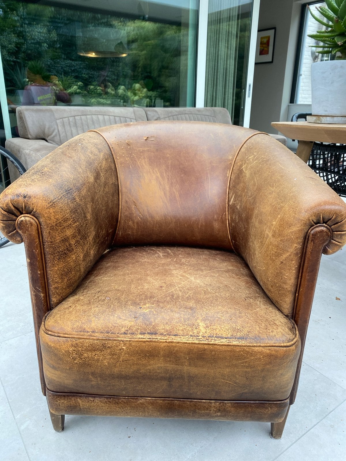 Vintage Leren Fauteuil - Cognac Kleur, Ophalen