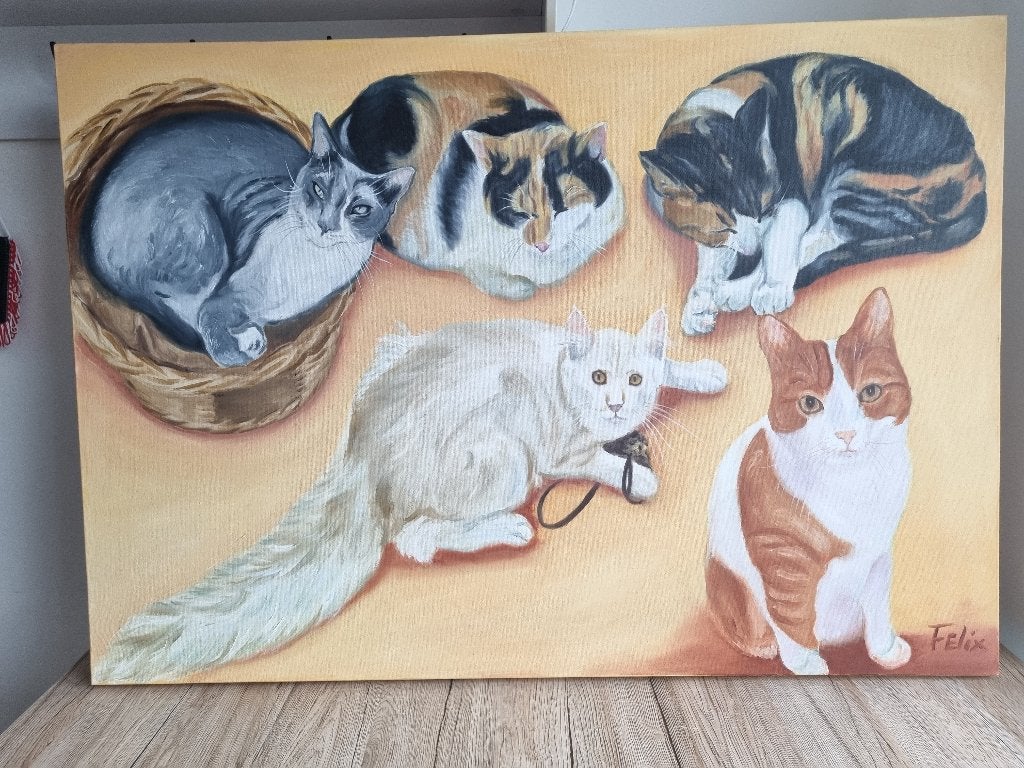 Prachtig Groot Schilderij 5 Poezen Acryl Olie Verf op doek, Antiek en Kunst, Kunst | Schilderijen | Klassiek, Verzenden, Klassiek