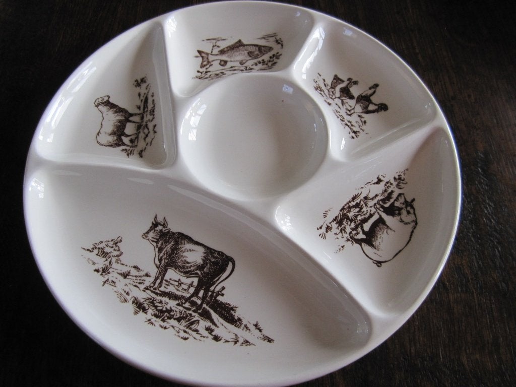 Zes faience de Gien fondue of gourmet borden -, Verzenden, Zo goed als nieuw, Bord(en), Overige stijlen