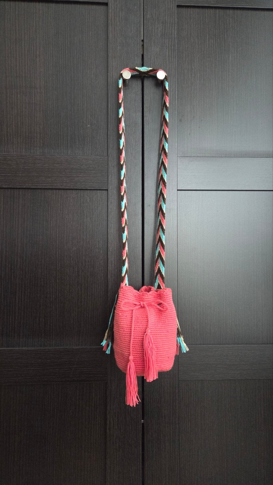 Mini Wayuu Mochila tas in roze turquoise bruin beige gehaakt, Ophalen of Verzenden, Gebruikt, Roze, Schoudertasje