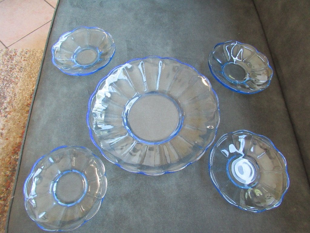 Retro vintage gebak set Saksenglas Walther blauw, Huis en Inrichting, NVT, Glas of Glazen, Gebruikt, NVT