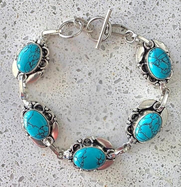 925 Zilveren Armband met Turkoois Stenen, Gebruikt, Ophalen of Verzenden, Met edelsteen, Zilver