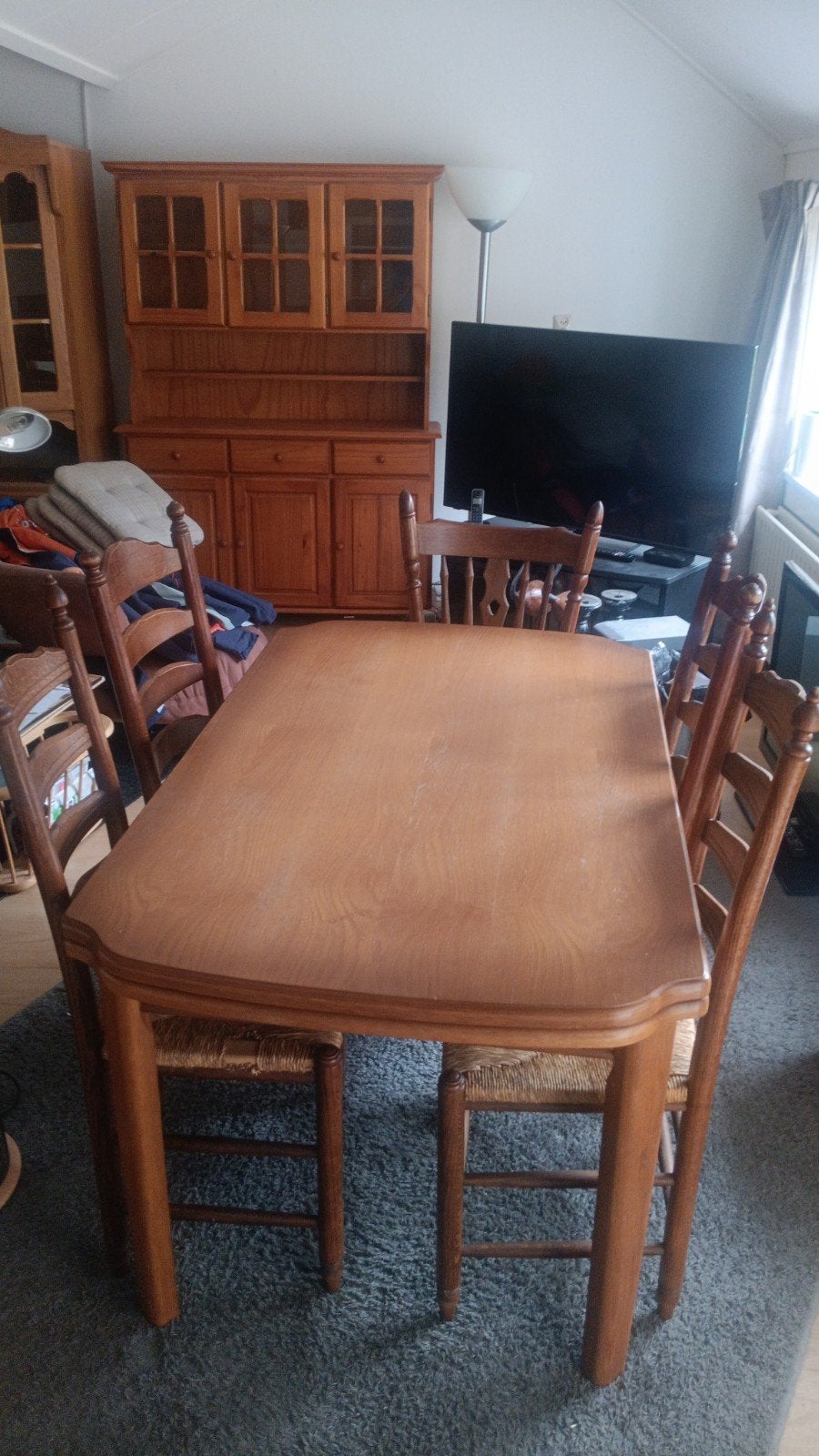 Grenen uitschuifbare eetkamertafel 2.40 x 0.85 met 6 eetkame, Ophalen, Gebruikt, 100 tot 150 cm, 200 cm of meer