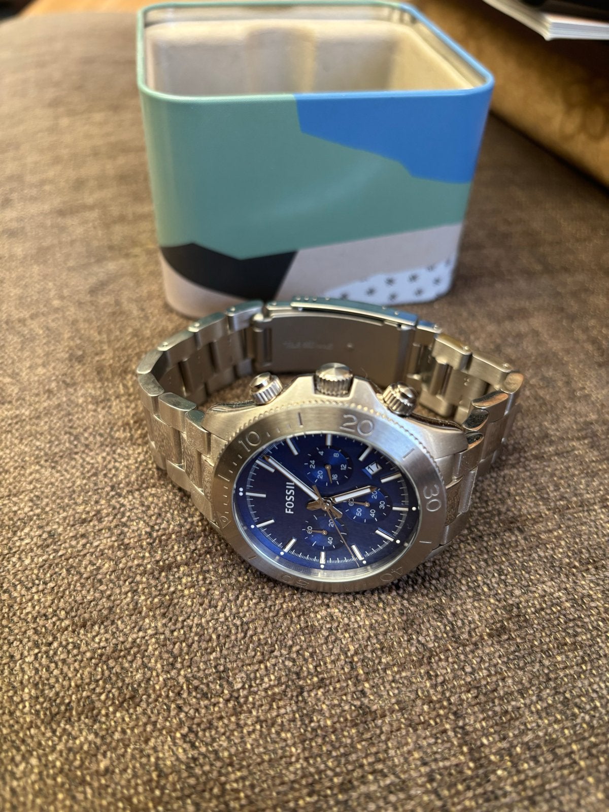 Fossil herenhorloge met blauwe wijzerplaat en stalen band, Overige merken, Gebruikt, Staal, Polshorloge