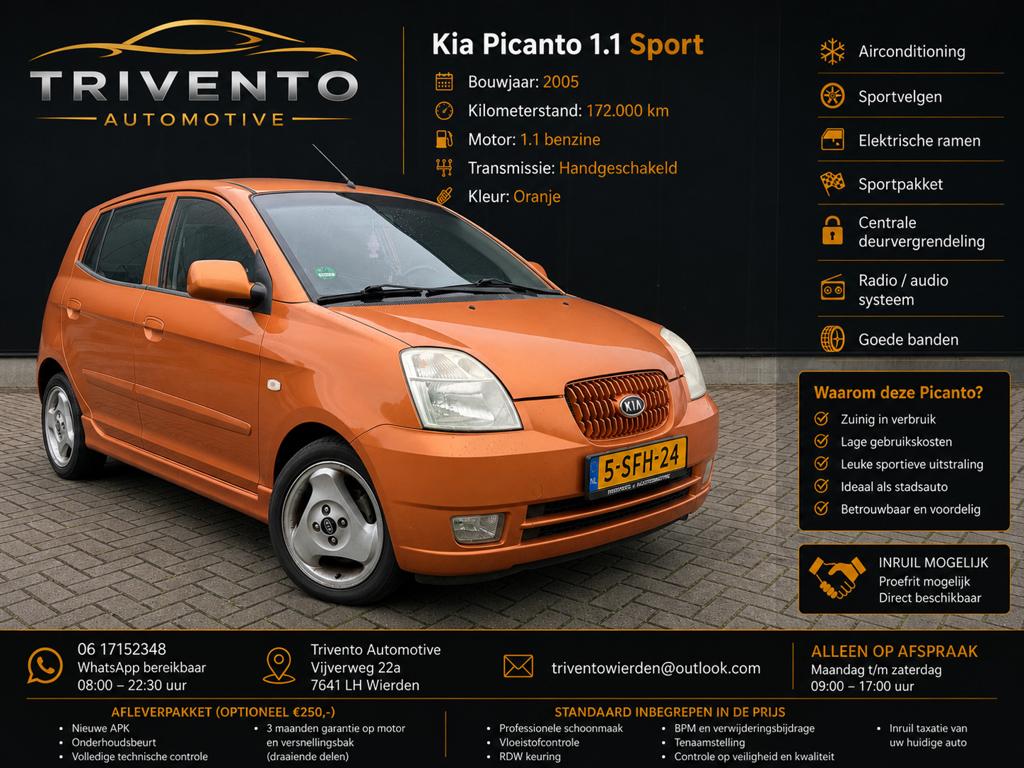 Kia Picanto 1.1 Sport /Airco/Sportvelgen/ Elektrische ramen, Stof, Bedrijf, Handgeschakeld, 19 km/l