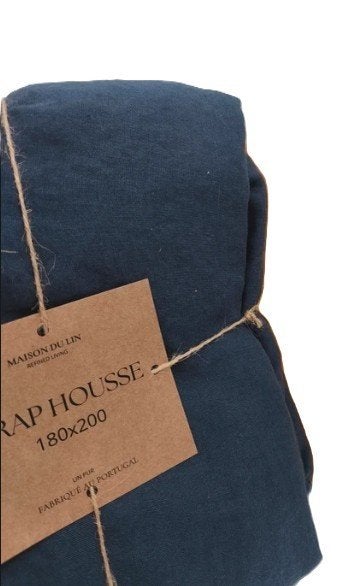 100% linnen hoeslaken 180x200 Navy, Blauw, Hoeslaken of Sloop, Ophalen of Verzenden, Linnen