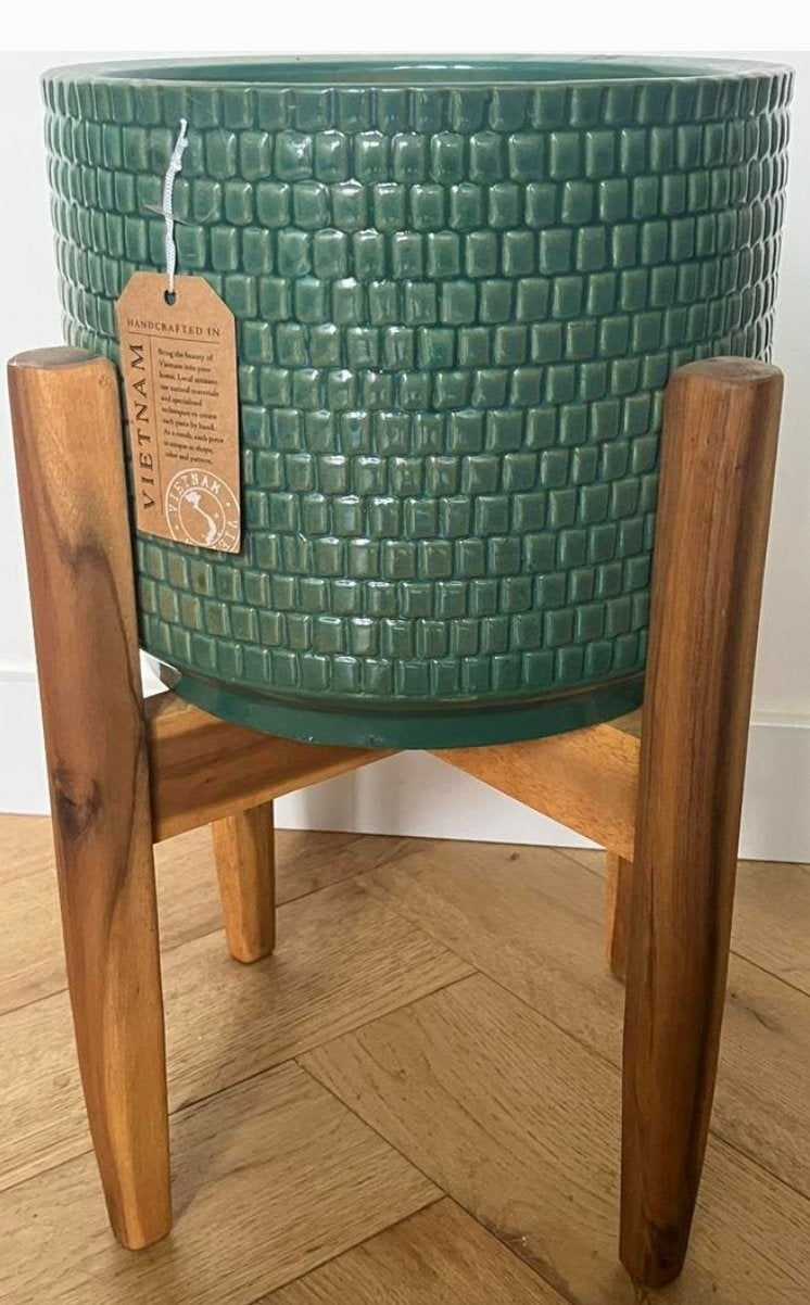 Mooie groene pot met houten standaard plantenhouder planter, Ophalen of Verzenden, Minder dan 100 cm