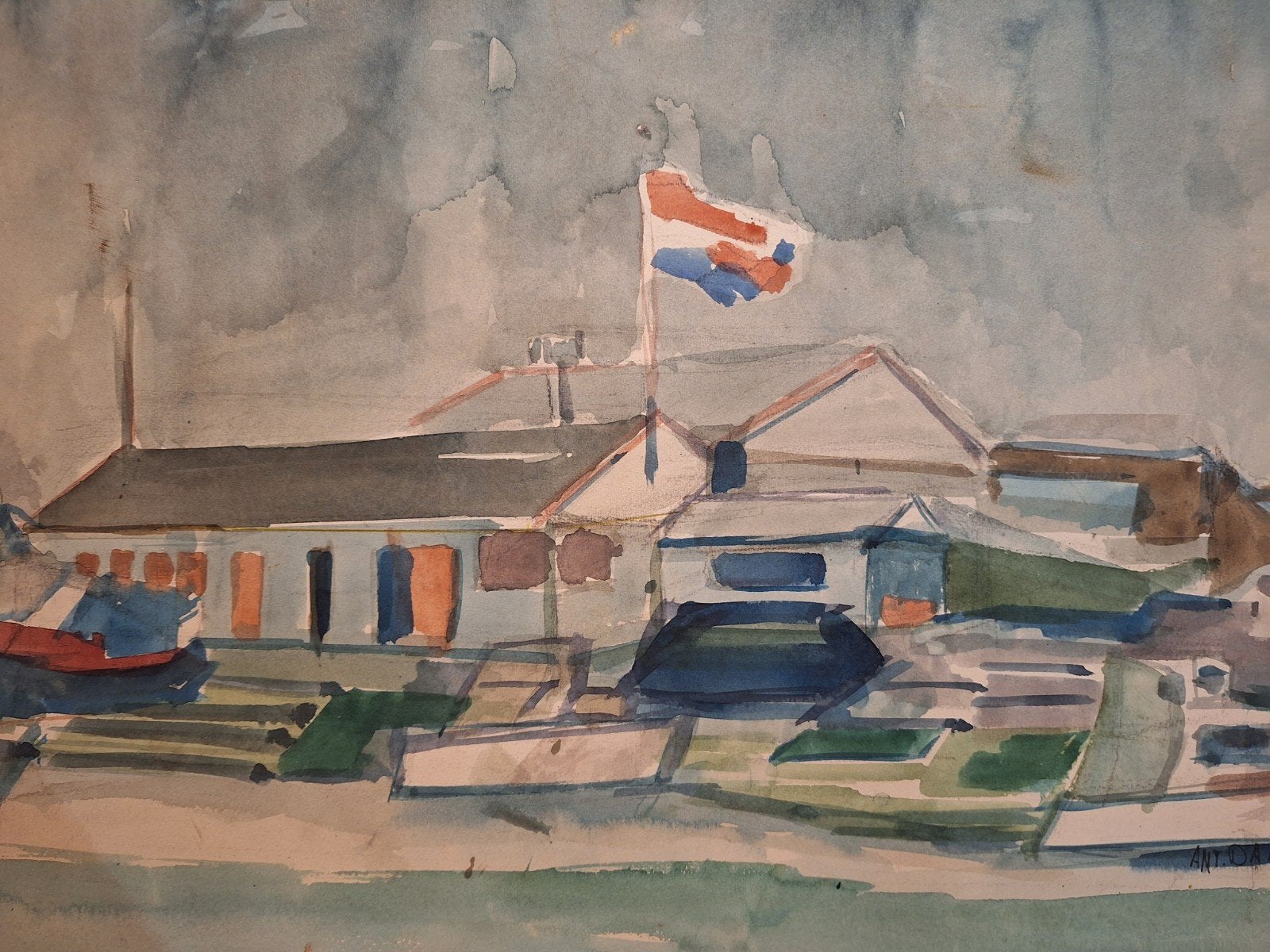 Aquarel Jachthaven door Antony Damen, Ophalen of Verzenden, Tekening, Aquarel, Gesigneerd