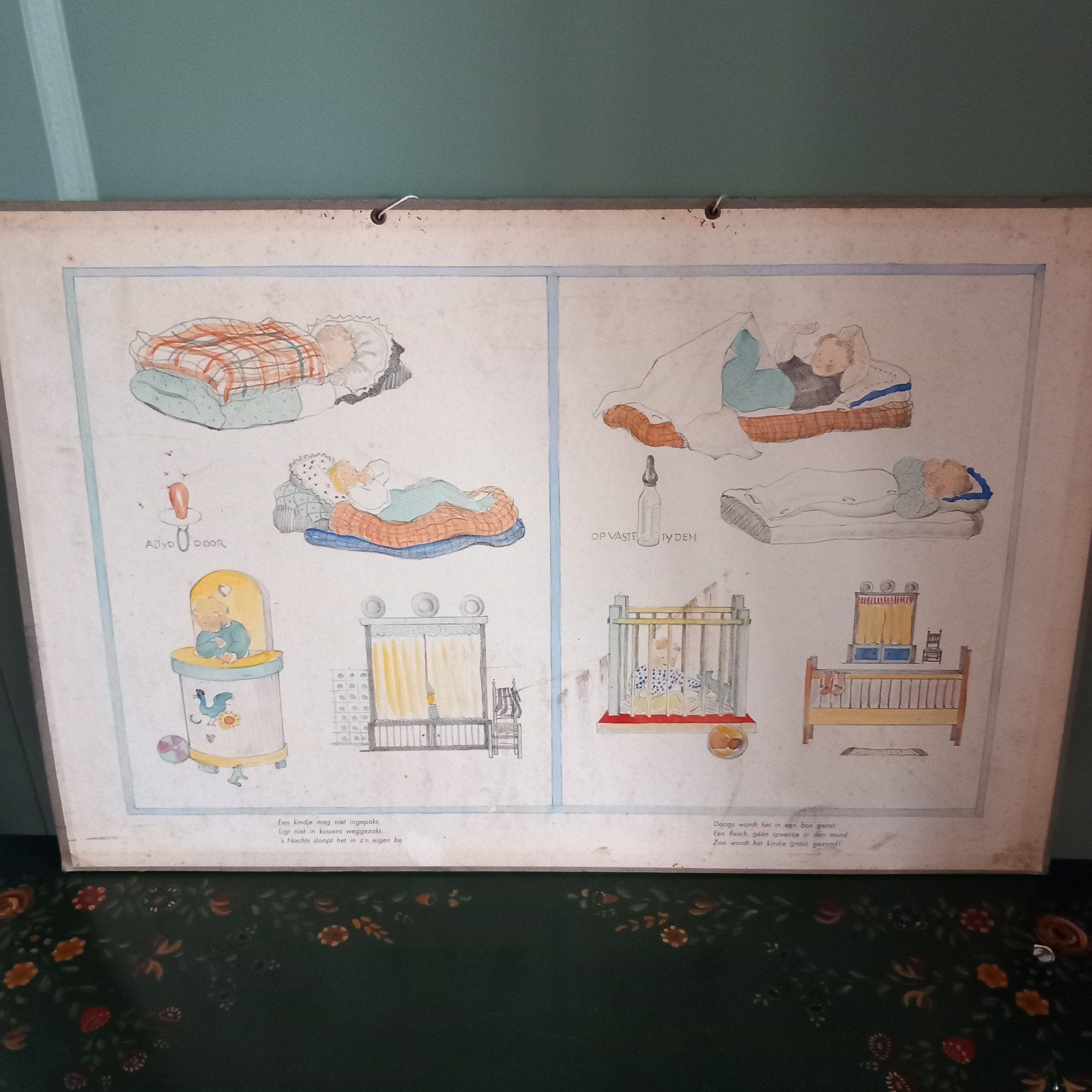 Antieke Schoolplaat: Omgaan met Baby's, Antiek en Kunst, Ophalen of Verzenden, Overige thema's