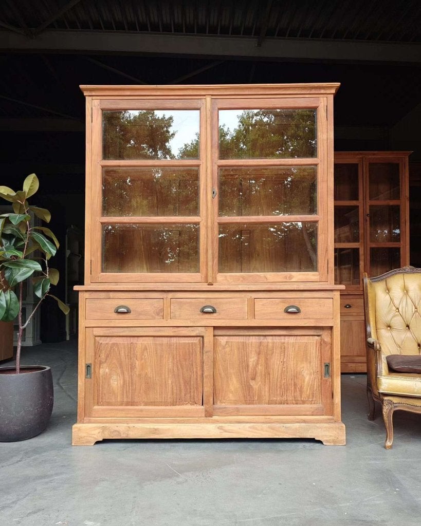 Teakhouten buffetkast | Vitrinekast | Servieskast #0694, Glas, Gebruikt, Met deur(en), -