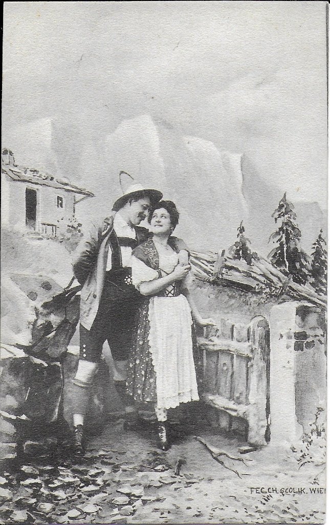 Kr29 Ongelopen ansichtkaart verliefd in de bergen, Ophalen of Verzenden, 1940 tot 1960, Ongelopen