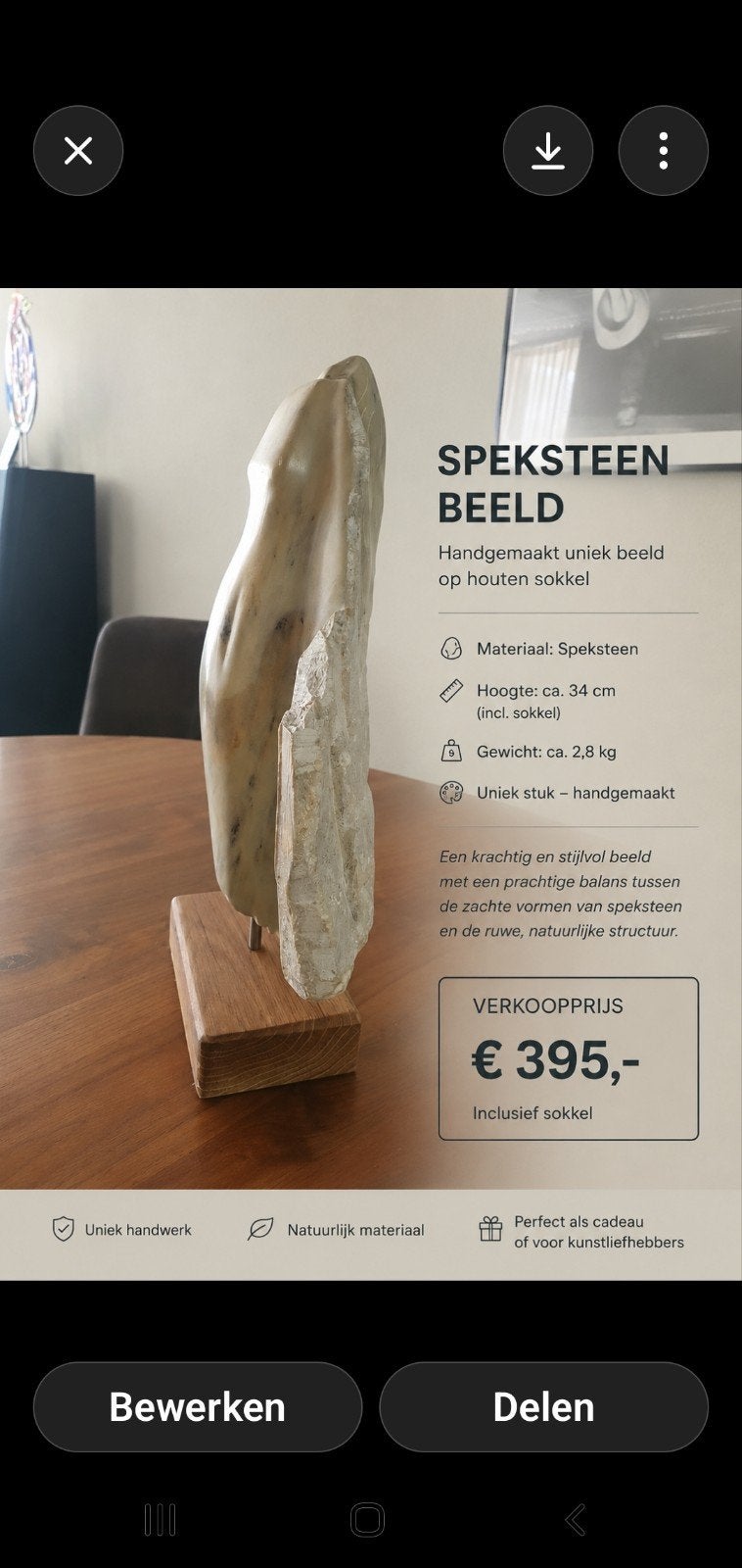 Prachtig speksteen beeld. Het is een gestileerde vrouw, Hobby en Vrije tijd, Knutselen, Ophalen, Nieuw, Knutselwerk