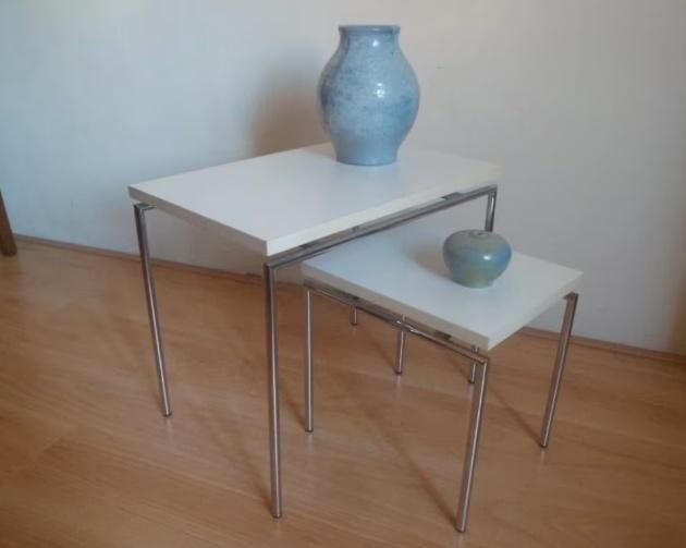 MID CENTURY tafeltje tafel chroom wit mimiset nesting tables, Ophalen of Verzenden