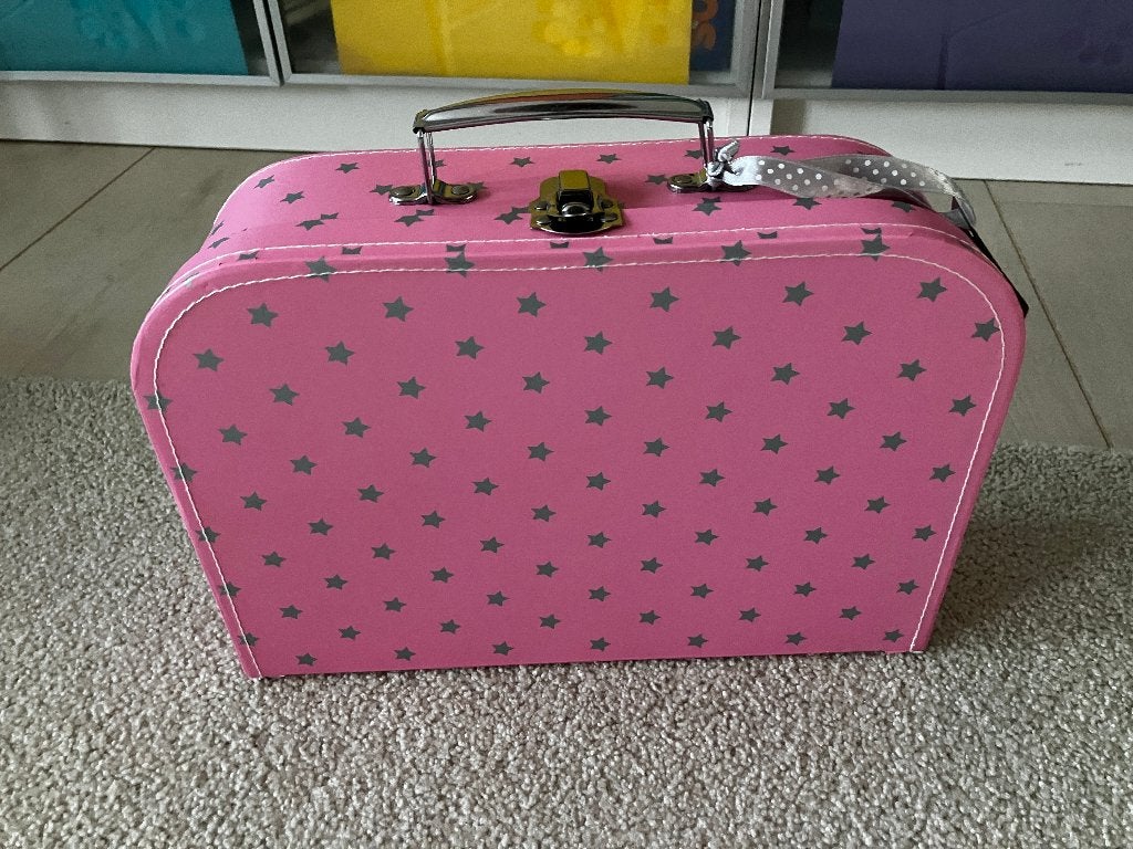 Leuk roze kartonnen kinderkoffertje met sterren (ca. 35 cm), Ophalen of Verzenden, Gebruikt