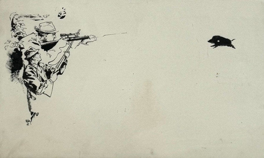 1120. Inkttekening, Rien Poortvliet – jachttafereel, ca.1970, Ophalen of Verzenden, Tekening, Overige technieken, Gesigneerd