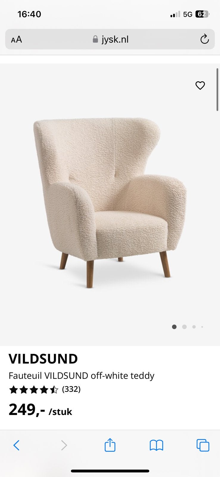 Fauteuil VILDSUND off-white teddy van Jysk, Huis en Inrichting, Ophalen of Verzenden, Zo goed als nieuw, 50 tot 75 cm