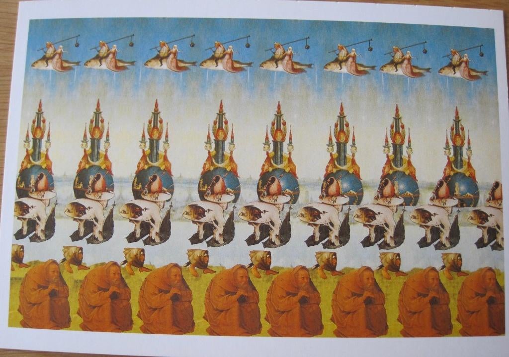 Twee magic eye kaarten - biddende monniken - bassisten, Verzamelen, Verzenden, 1980 tot heden, Ongelopen, Overige thema's