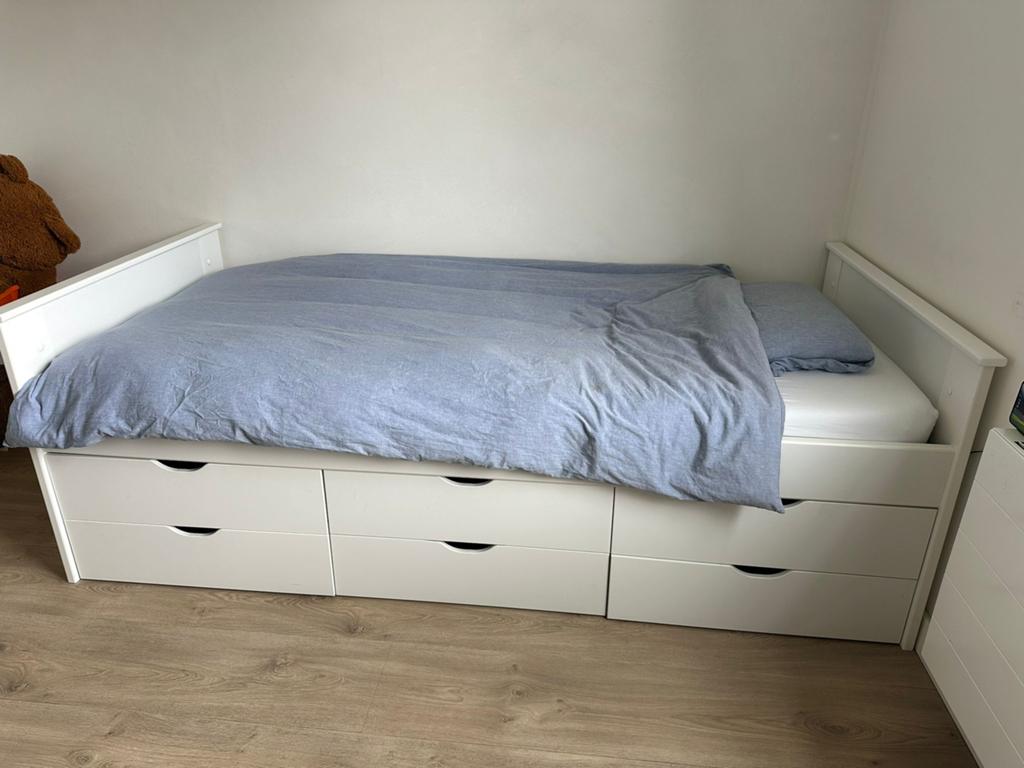 Wit bed met lades - Eenpersoonsbed met opbergruimte, Ophalen, Gebruikt, 90 cm, Eenpersoons