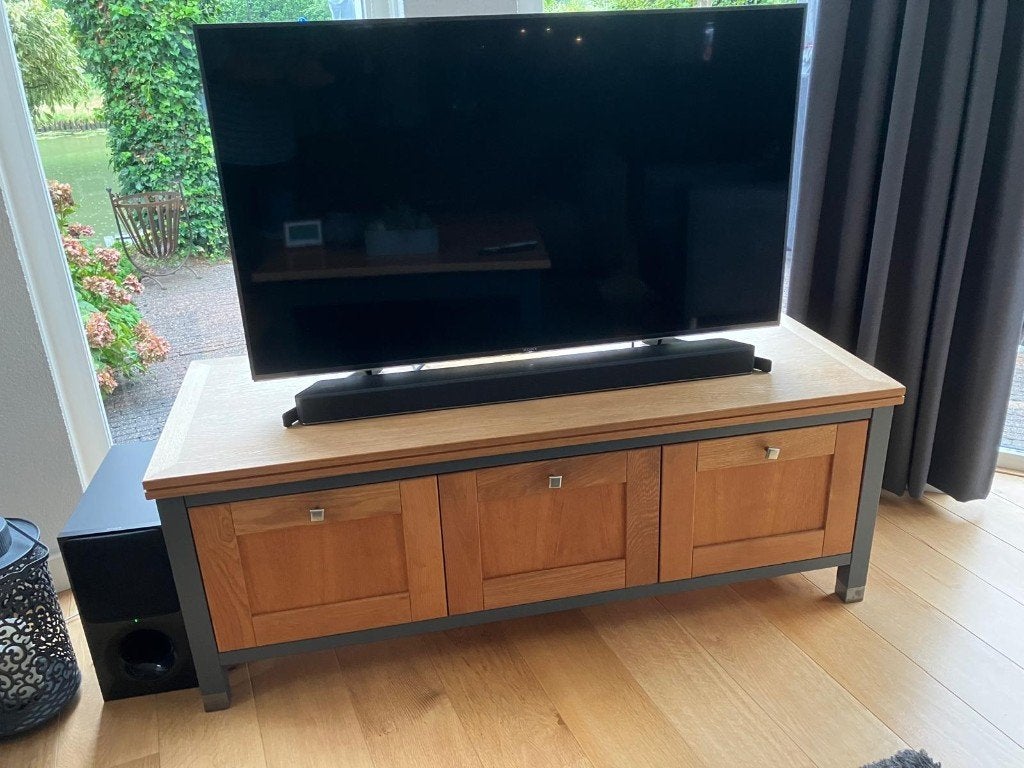 Robuust eiken tv-meubel met industriële look, Ophalen, Gebruikt, 100 tot 150 cm, Minder dan 100 cm