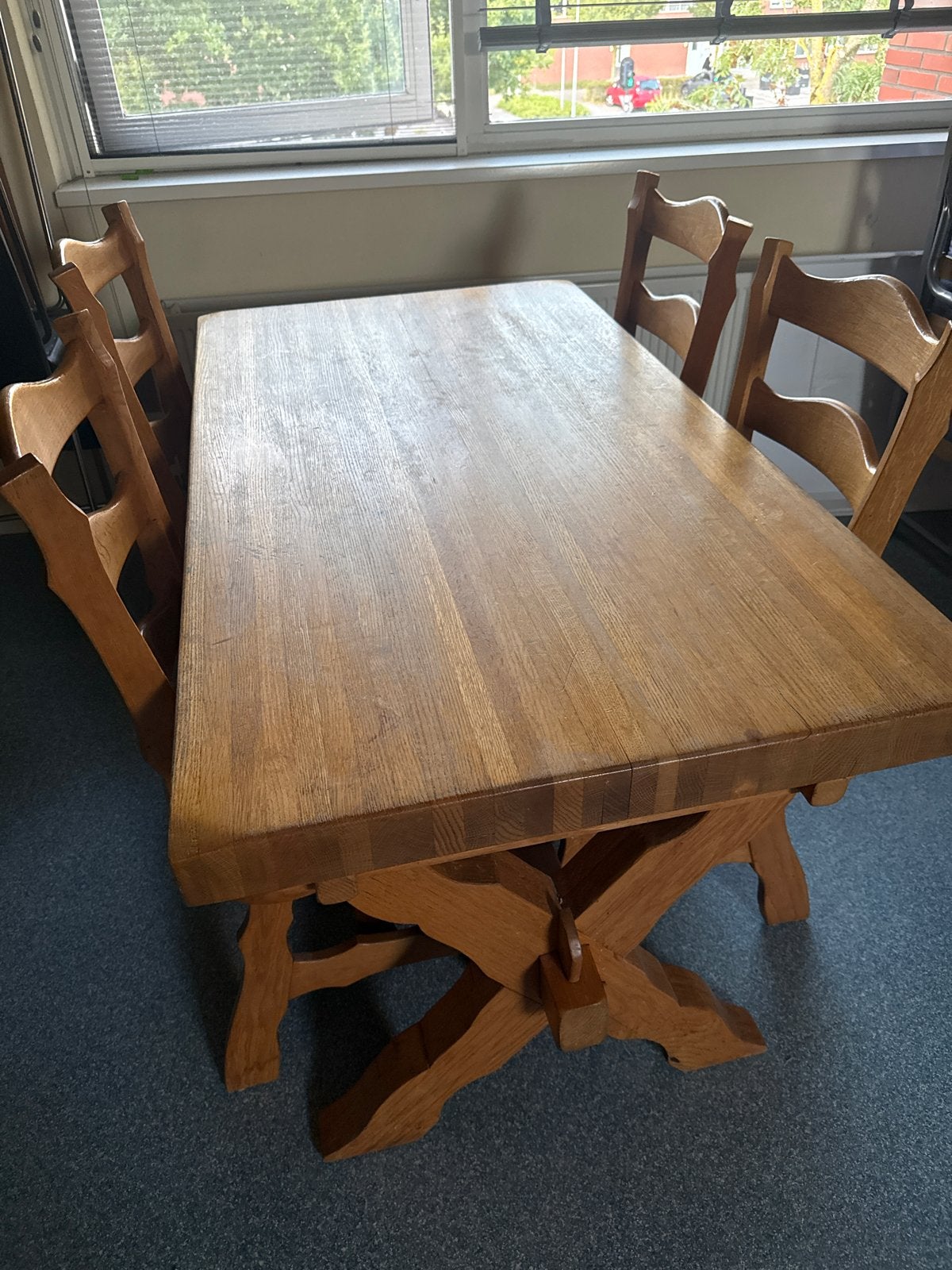 Zware Eiken Klooster Eettafel met 4 Stoelen, Ophalen, Gebruikt, 100 tot 150 cm, Eikenhout