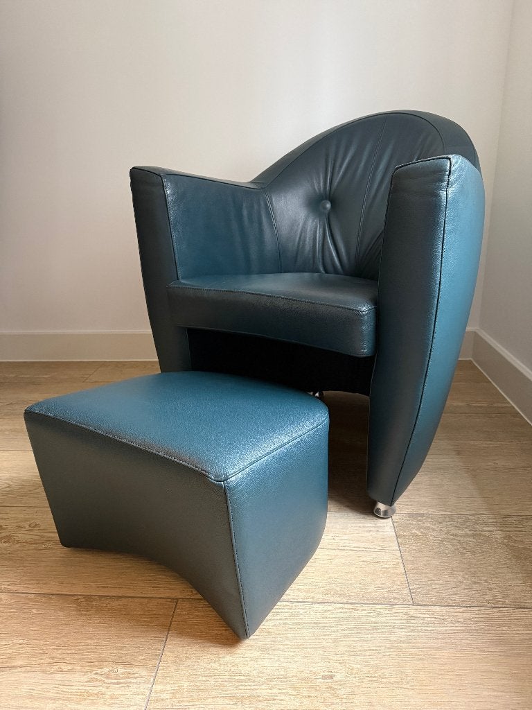 Leolux Carabita fauteuil met hocker Donkergroen Leer, Huis en Inrichting, Fauteuils, Ophalen, Zo goed als nieuw, Leolux, 50 tot 75 cm