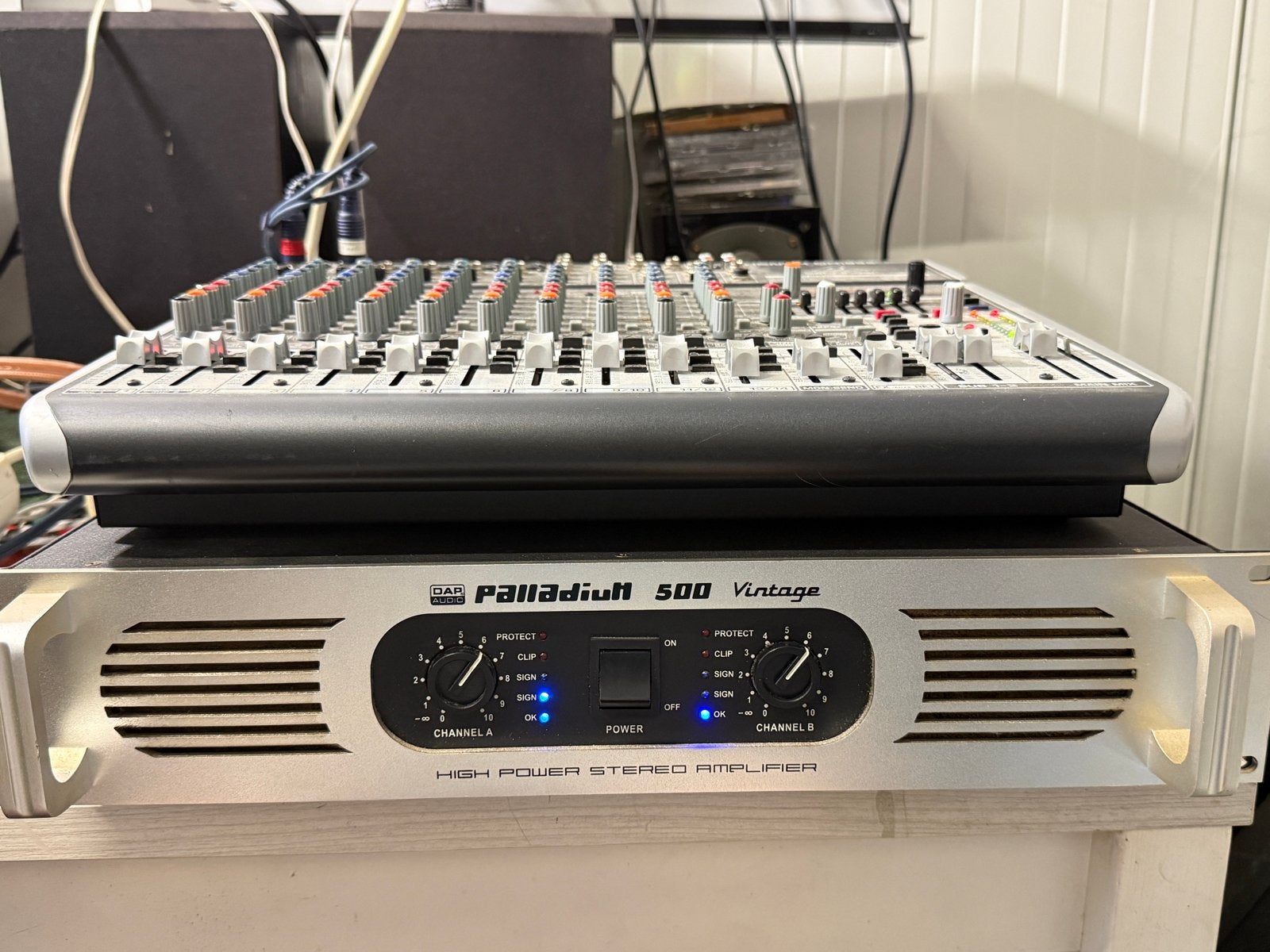 Mengpaneel en eindversterker stereo setje - Perfect werkend, Ophalen, Gebruikt, Microfooningang, 10 tot 20 kanalen