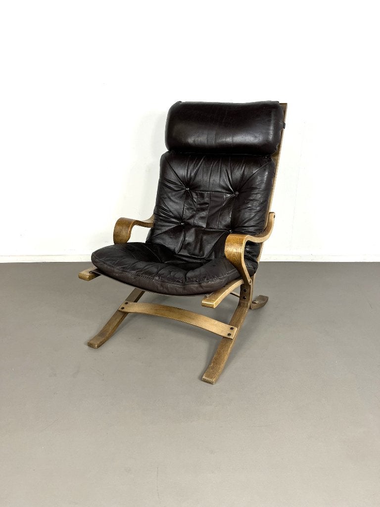 Vintage design lounge fauteuil in eiken met leer, 1960s, Ophalen, Gebruikt, 50 tot 75 cm, Leer