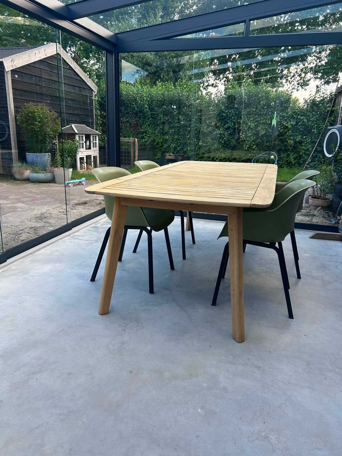 Houten eettafel met 4 stoelen, Ophalen, Gebruikt, 200 cm of meer, 50 tot 100 cm