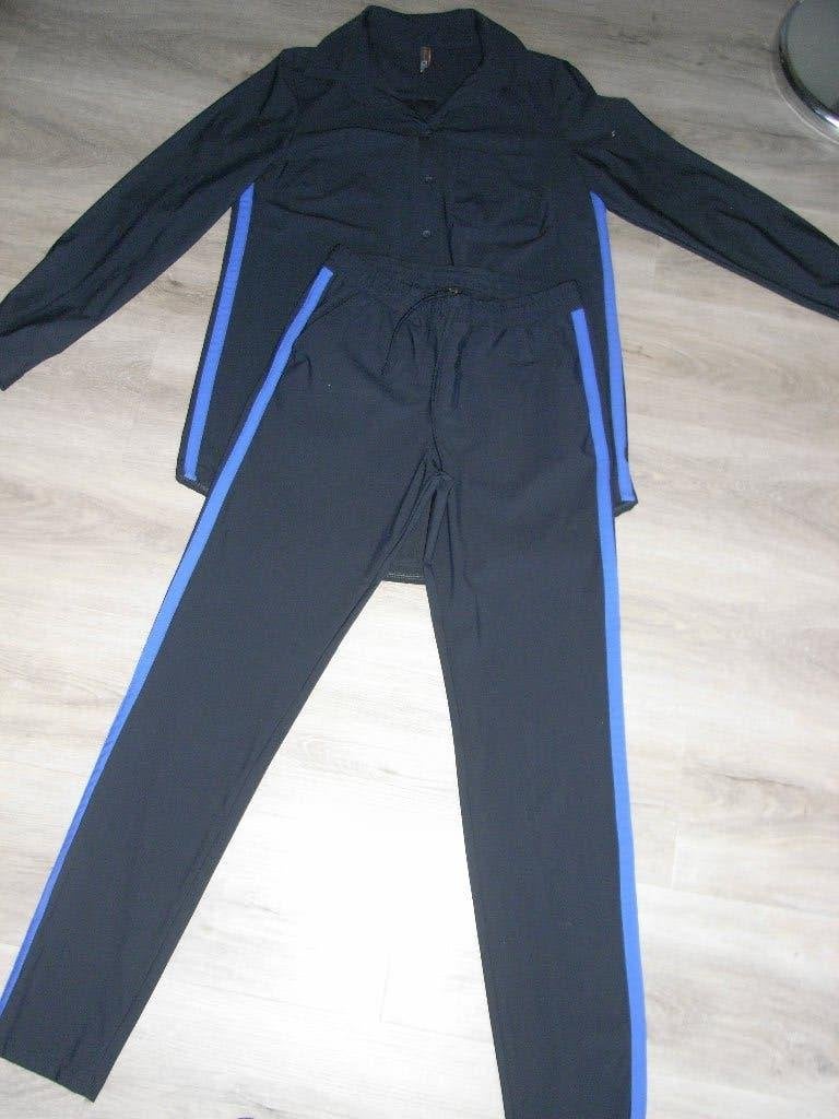 donkerblauwe travelstof set broek + blouse NED mt 36/38, Kleding | Dames, Broeken en Pantalons, Maat 38/40 (M), Blauw, Ophalen of Verzenden
